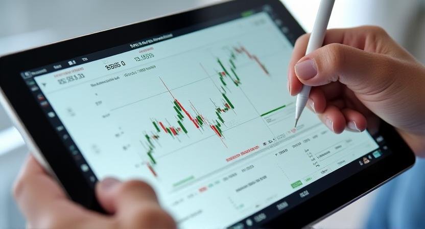 Financial analyst reviewing market trends on tablet